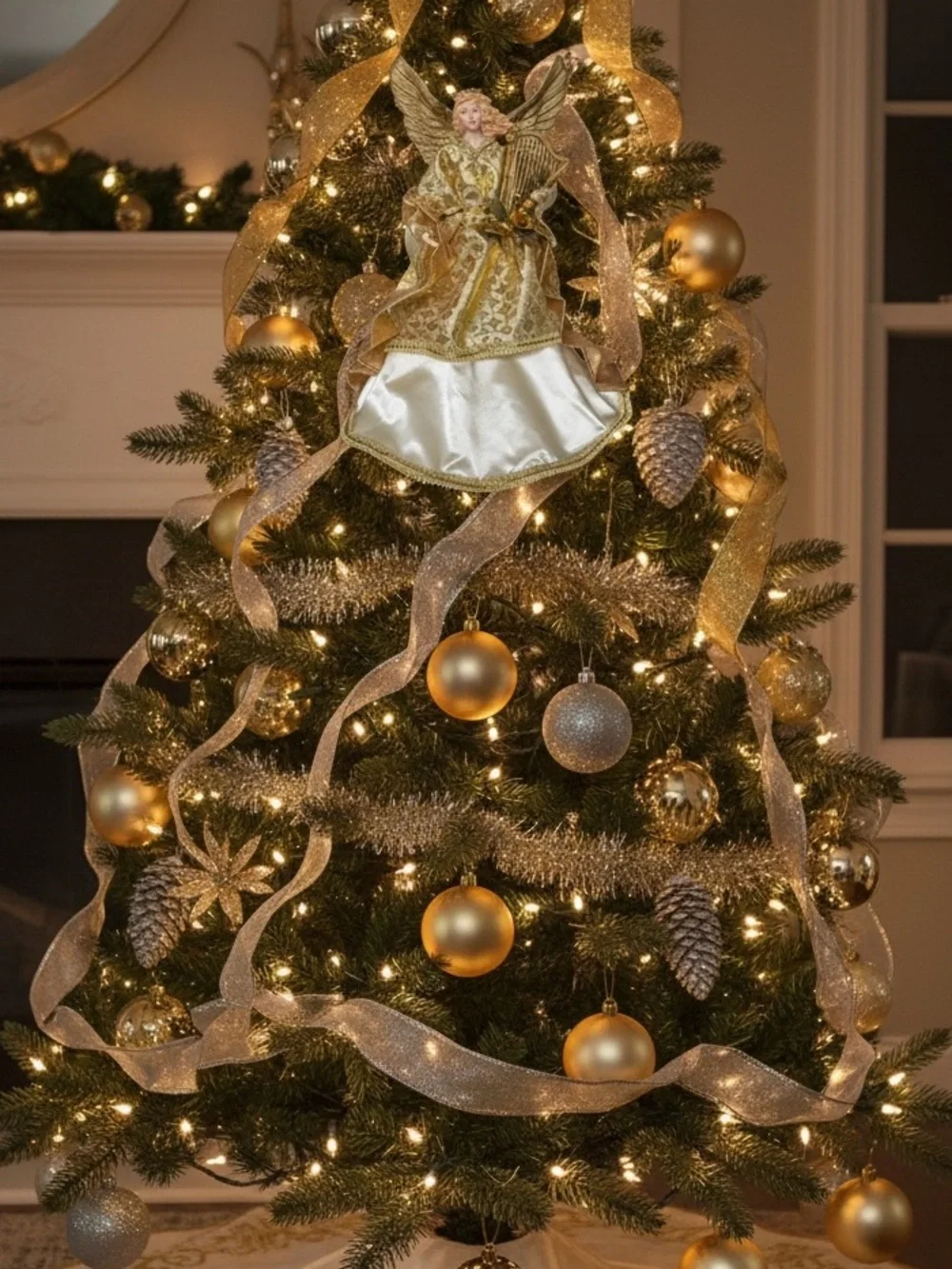 Victorian Gold Large Christmas Angel Tree Topper with Harp 17.5”H